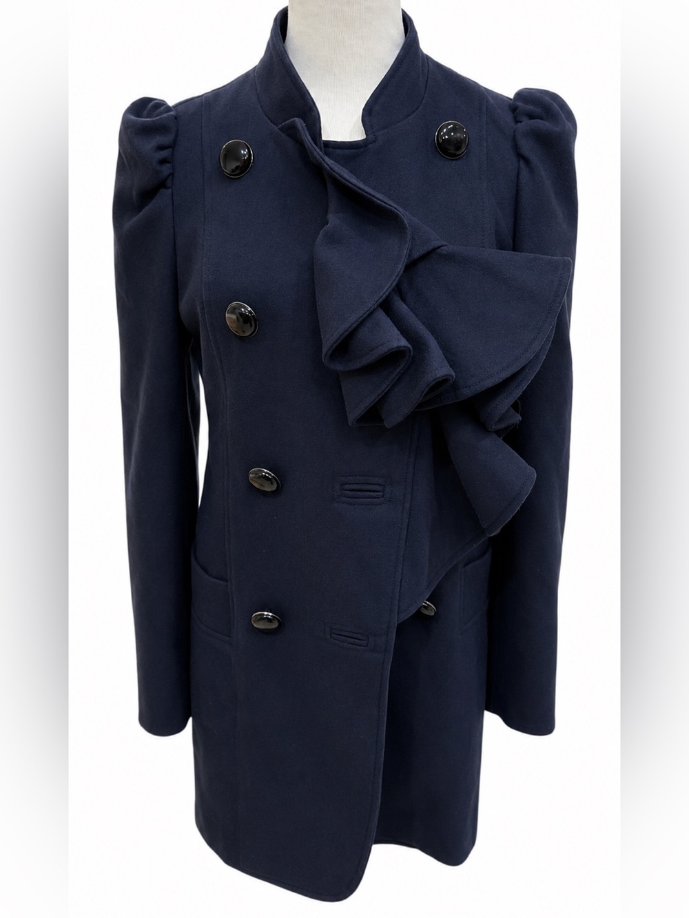 French Connection Navy Ruffle Double-Breasted Pea Coat Size 6
